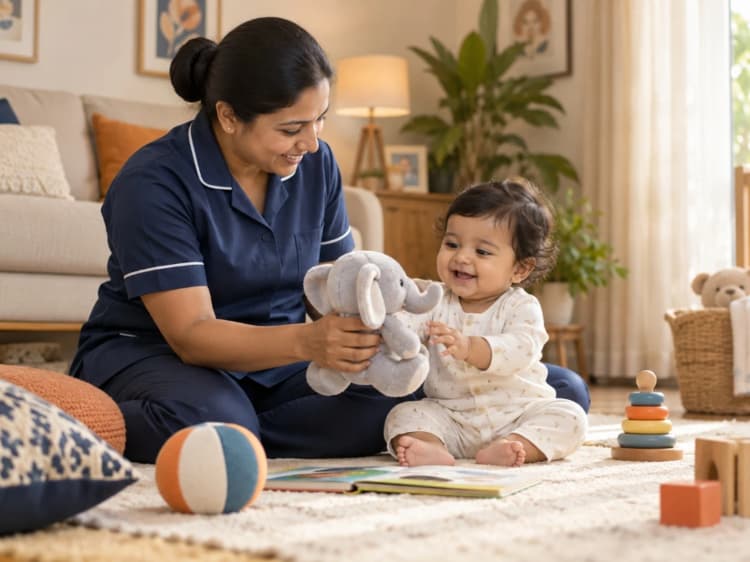 Indian professional nanny playing with a joyful baby with an elephant toy in a sunlit living room at home