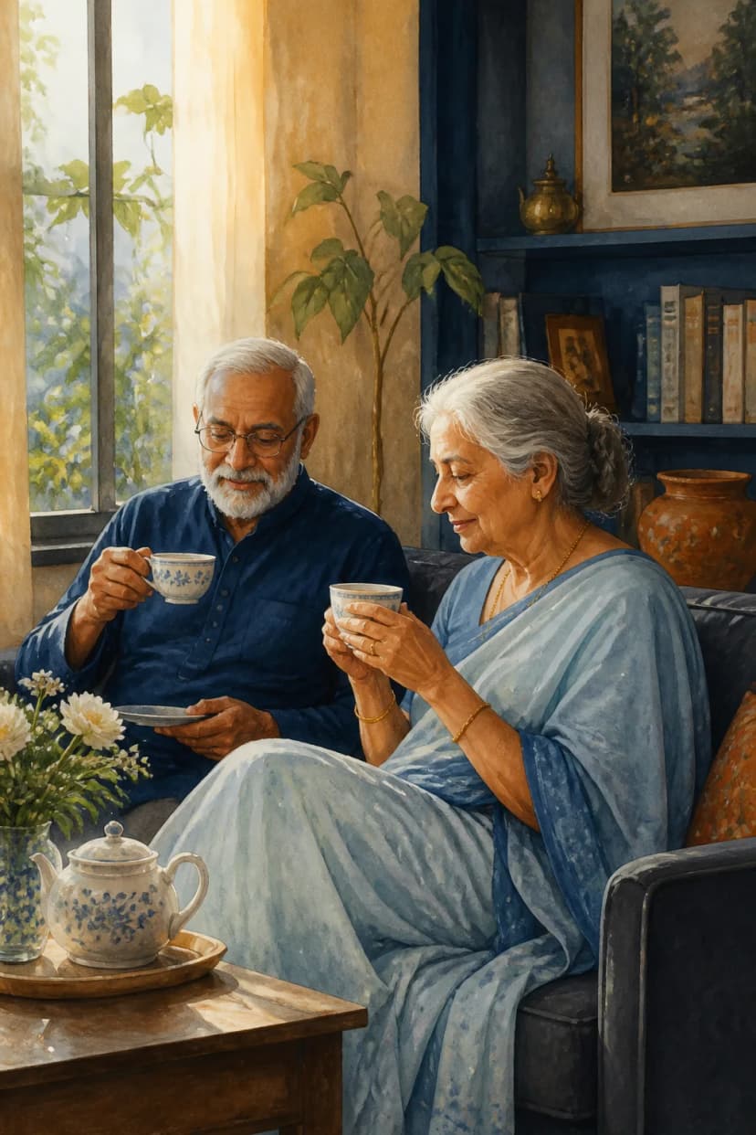 Illustration of an older Indian couple enjoying tea together at home