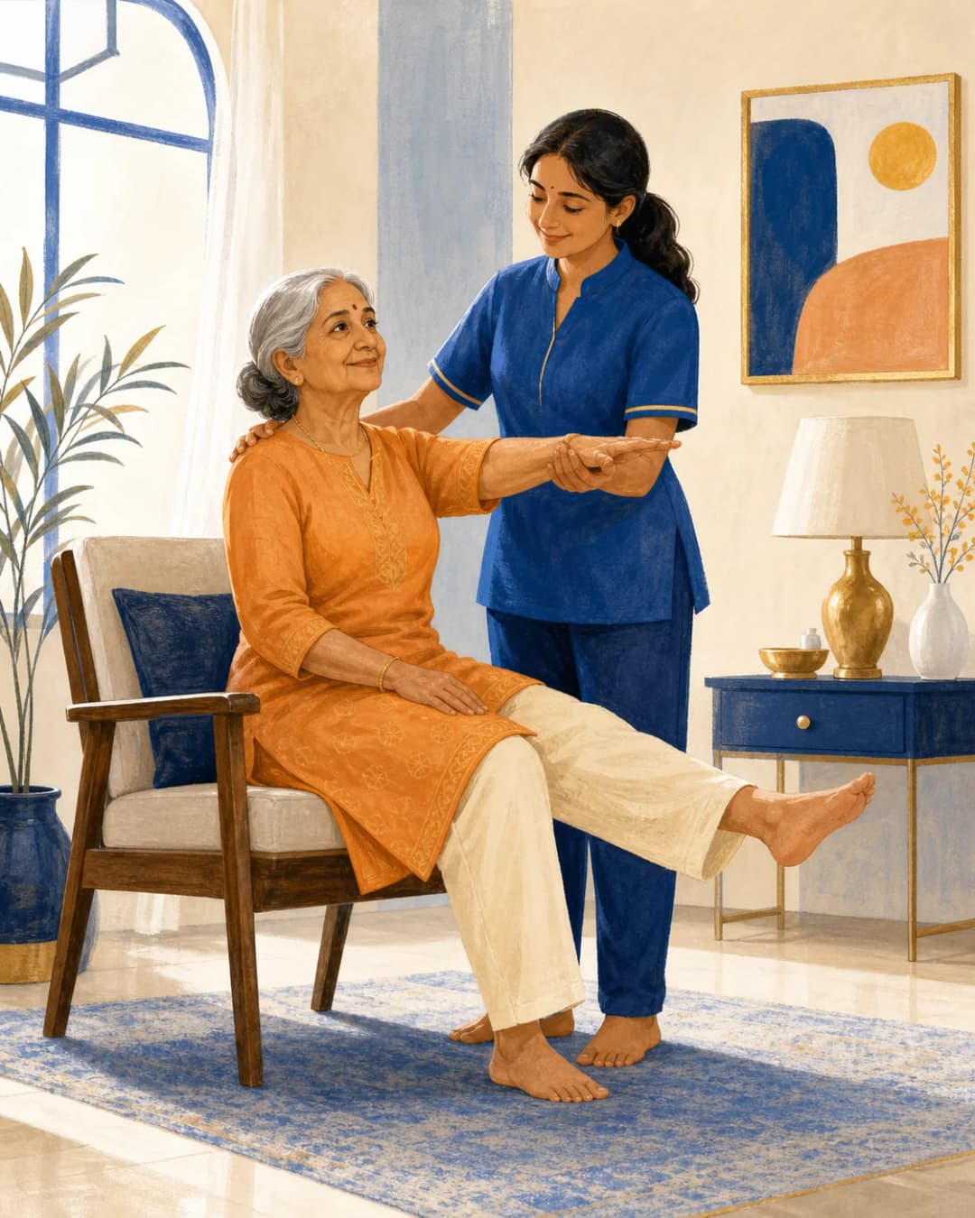 Illustration of an Indian care professional supporting a senior woman with a mobility exercise at home