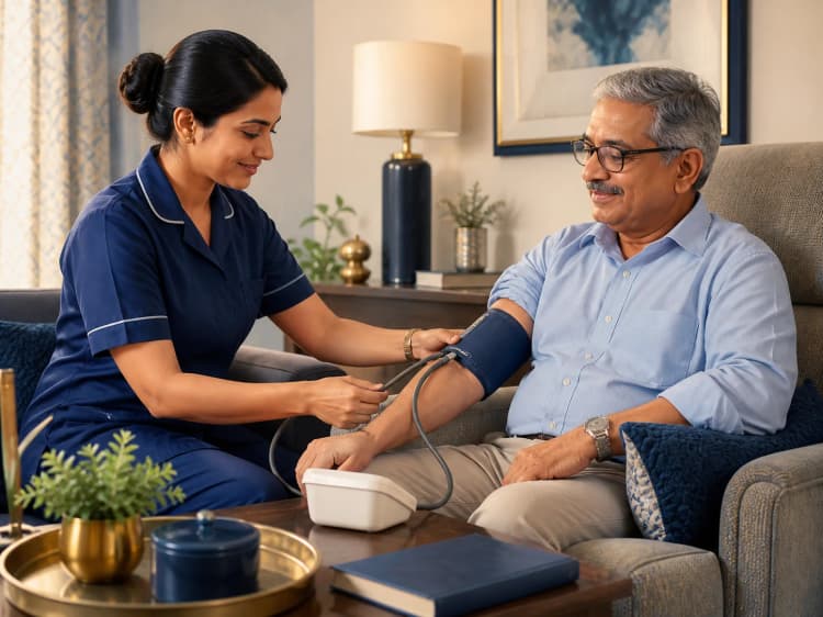 Indian nurse checking an older man's blood pressure in his home