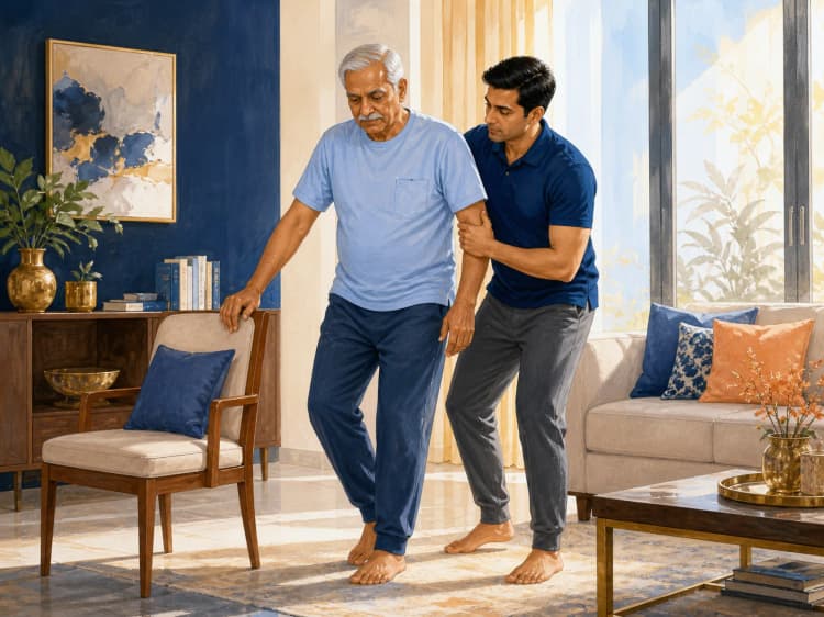 Illustration of an Indian physiotherapist supporting an older man during a mobility exercise at home